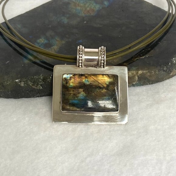 Sterling Silver 925 Chunky Rectangular Labradorite Slide Pendant Necklace 18" - Picture 1 of 16